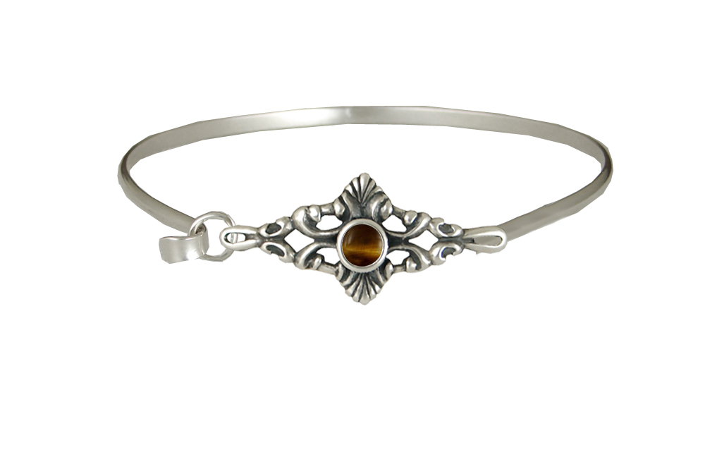 Sterling Silver Victorian Strap Latch Spring Hook Bangle Bracelet With Tiger Eye